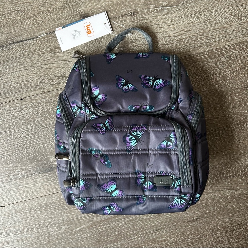 NWT Lug Caddy Greay Blue Purple Butterfly Print
